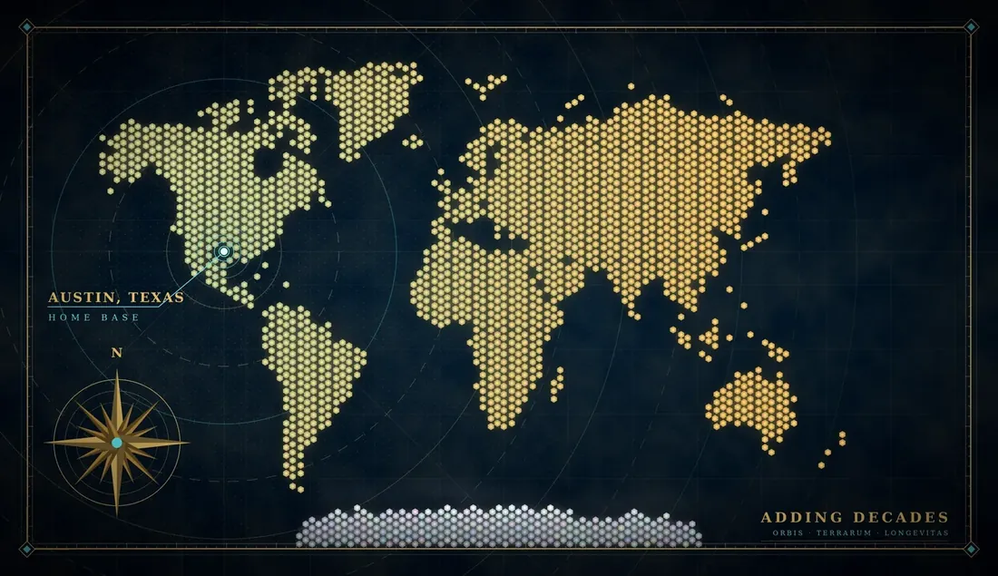 Map of the world with Austin, Texas marked as Adding Decades home base